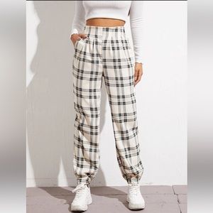 High Waist Fold Pleat Tartan Pants